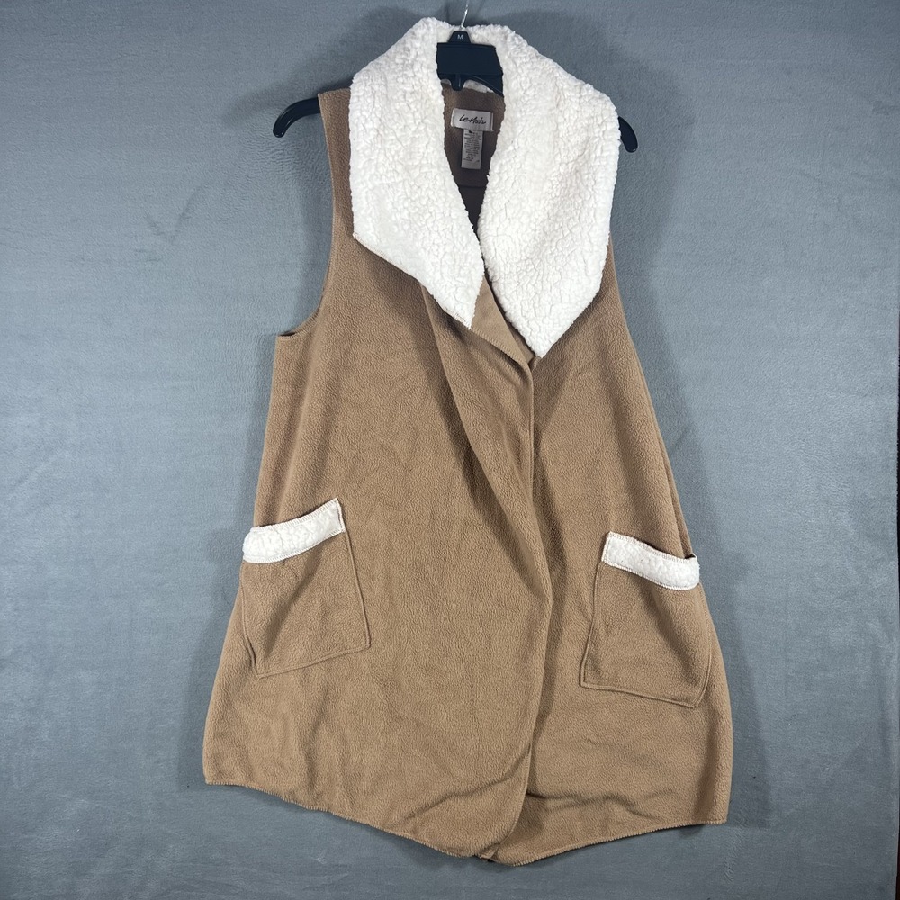 Le Moda Women's XL/XXL Brown Fleece‎ Faux Fur Trim Open Front Vest Sleeveless